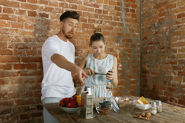 Image showing Young caucasian couple cooking together against brick wall