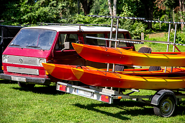 Image showing Kayaks for rent near to the river.