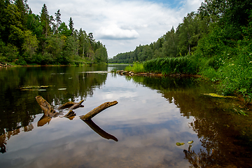 Image showing Landscape with river, forest and blue sky.