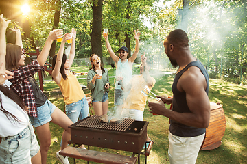 Image showing Happy friends are having beer and barbecue party at sunny day
