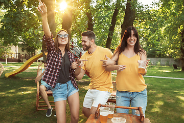 Image showing Happy friends are having beer and barbecue party at sunny day