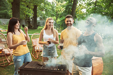 Image showing Happy friends are having beer and barbecue party at sunny day