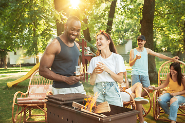 Image showing Happy friends are having beer and barbecue party at sunny day