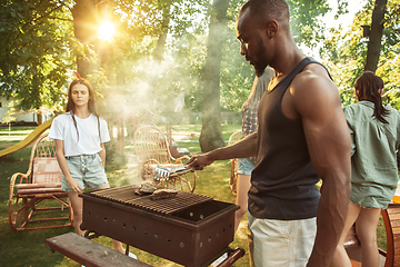 Image showing Happy friends are having beer and barbecue party at sunny day