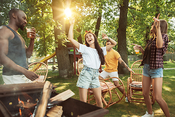 Image showing Happy friends are having beer and barbecue party at sunny day