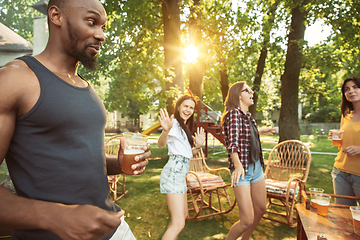 Image showing Happy friends are having beer and barbecue party at sunny day