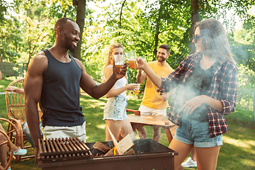 Image showing Happy friends are having beer and barbecue party at sunny day