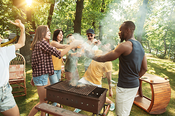 Image showing Happy friends are having beer and barbecue party at sunny day