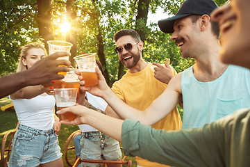 Image showing Happy friends are having beer and barbecue party at sunny day