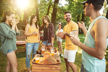 Image showing Happy friends are having beer and barbecue party at sunny day