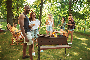 Image showing Happy friends are having beer and barbecue party at sunny day