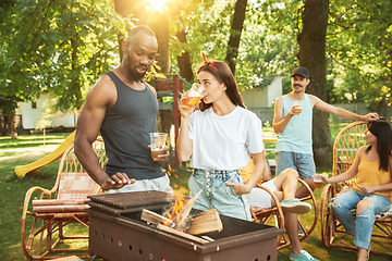 Image showing Happy friends are having beer and barbecue party at sunny day