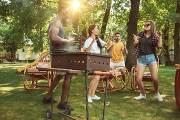 Image showing Happy friends are having beer and barbecue party at sunny day