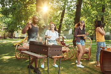 Image showing Happy friends are having beer and barbecue party at sunny day