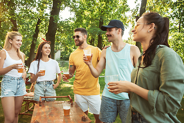 Image showing Happy friends are having beer and barbecue party at sunny day