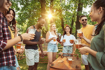 Image showing Happy friends are having beer and barbecue party at sunny day