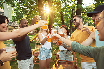 Image showing Happy friends are having beer and barbecue party at sunny day