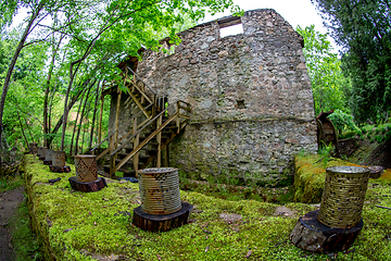 Image showing Moss covered ancient mill in old park.
