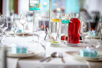 Image showing Jugs with lemonade on the wedding table