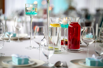 Image showing Jugs with lemonade on the wedding table