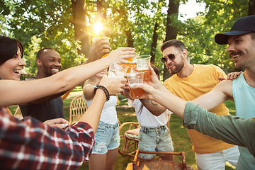 Image showing Happy friends are having beer and barbecue party at sunny day