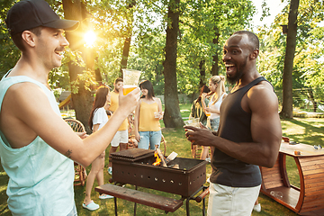 Image showing Happy friends are having beer and barbecue party at sunny day