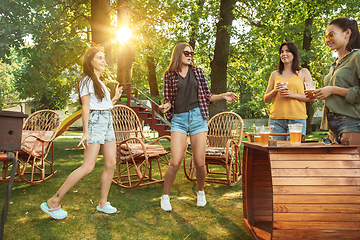 Image showing Happy friends are having beer and barbecue party at sunny day