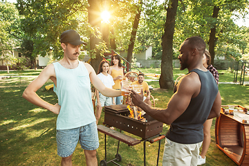 Image showing Happy friends are having beer and barbecue party at sunny day