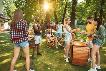 Image showing Happy friends are having beer and barbecue party at sunny day