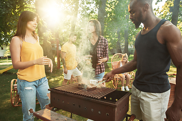 Image showing Happy friends are having beer and barbecue party at sunny day