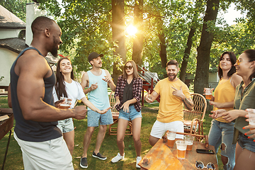 Image showing Happy friends are having beer and barbecue party at sunny day