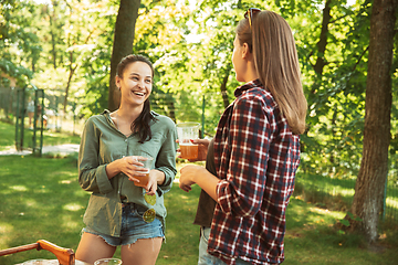 Image showing Happy friends are having beer and barbecue party at sunny day