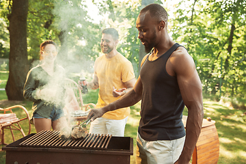 Image showing Happy friends are having beer and barbecue party at sunny day