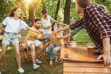 Image showing Happy friends are having beer and barbecue party at sunny day