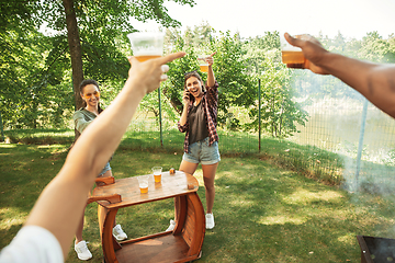 Image showing Happy friends are having beer and barbecue party at sunny day