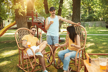 Image showing Happy friends are having beer and barbecue party at sunny day