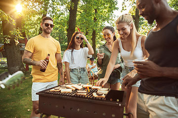 Image showing Happy friends are having beer and barbecue party at sunny day