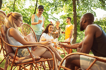 Image showing Happy friends are having beer and barbecue party at sunny day