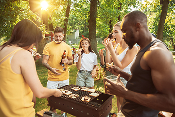 Image showing Happy friends are having beer and barbecue party at sunny day