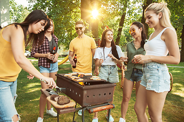 Image showing Happy friends are having beer and barbecue party at sunny day