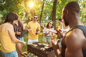 Image showing Happy friends are having beer and barbecue party at sunny day