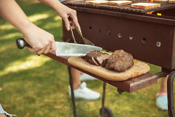 Image showing Close up of meat grilling, barbecue, summer lifestyle