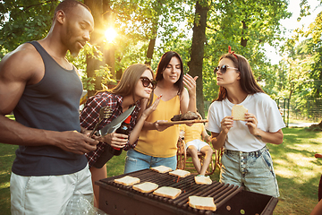 Image showing Happy friends are having beer and barbecue party at sunny day