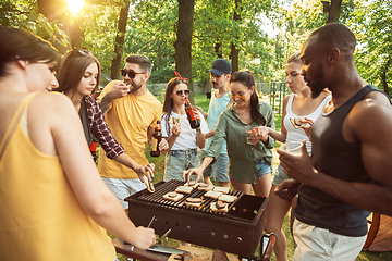 Image showing Happy friends are having beer and barbecue party at sunny day