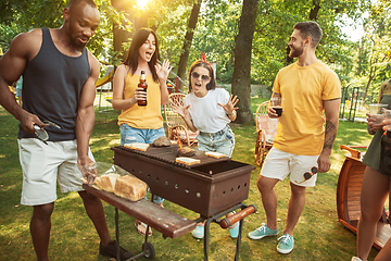 Image showing Happy friends are having beer and barbecue party at sunny day