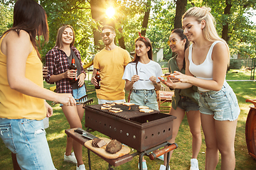 Image showing Happy friends are having beer and barbecue party at sunny day