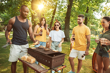 Image showing Happy friends are having beer and barbecue party at sunny day