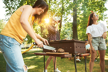 Image showing Happy friends are having beer and barbecue party at sunny day