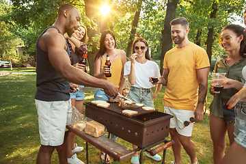 Image showing Happy friends are having beer and barbecue party at sunny day