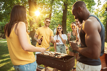 Image showing Happy friends are having beer and barbecue party at sunny day